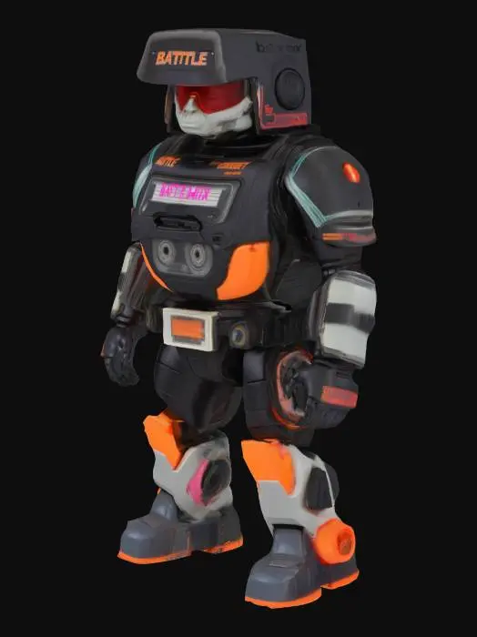 3D model for Design an 80s-style sci-fi action figure modeled after an audio cassette tape. The figure’s chest is a bulky, armored cassette body—complete with spinning reel windows showing glowing tape coils inside. His head is a flipped-up tape label with scrawled “BATTLE MIX” text and a visor-like eye strip across the front. His arms resemble tape spools and stereo dials, with built-in equalizer lights running up the forearms. Legs are blocky like speaker cabinets, with soundwave decals and subwoofer joints. Color palette: matte black, chrome silver, and neon orange with sticker-like decals and wear. He’s loud, fast, and ready to rewind the fight.