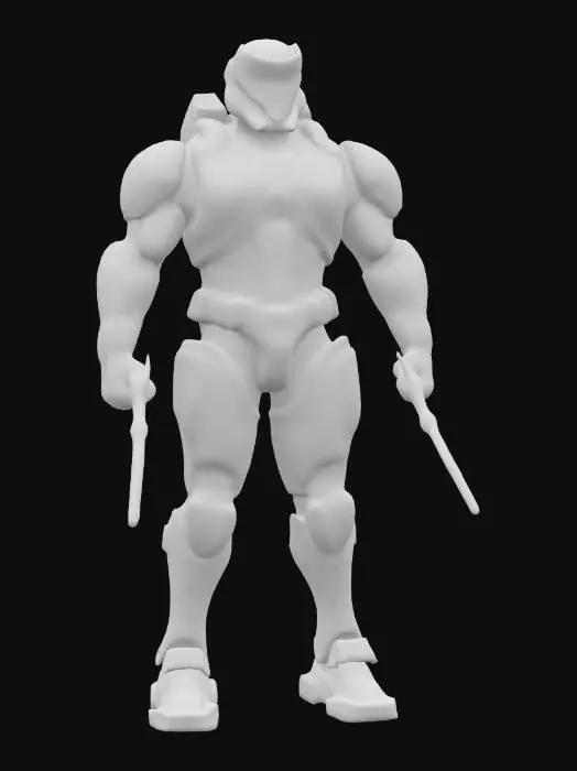3D model for A sleek, ultra-bright space marine styled after arcade cabinets—black armor with neon striping like Tron meets G.I. Joe. His visor glows like a vector display, and he wields dual laser sabers with soundwave blade effects. Armor plugs can attach “game chips” that give him different powers (sold separately, of course).