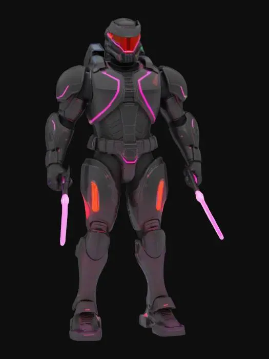3D model for A sleek, ultra-bright space marine styled after arcade cabinets—black armor with neon striping like Tron meets G.I. Joe. His visor glows like a vector display, and he wields dual laser sabers with soundwave blade effects. Armor plugs can attach “game chips” that give him different powers (sold separately, of course).