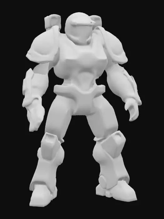 3D model for A heavily armored space marine with a translucent chest plate that reveals a glowing, cassette-powered energy core. His limbs are chunky and modular, designed to snap off and swap with others in the toy line. His helmet has a flip-up HUD visor that displays pixel animations. Weapons: laser blaster and shoulder-mounted speaker cannon that “fires” sonic waves.