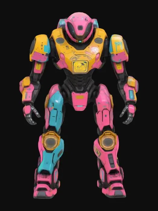 3D model for A rogue security mech from a digital space prison, with glitched-out armor textures and corrupted logo emblems. Chest opens to reveal spinning data cores. His speech module is a voice chip that spits out garbled one-liners. Backpack generates pixelated energy shields.