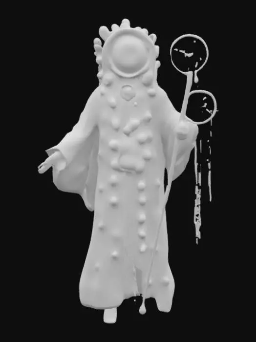 3D model for A floating robed figure whose entire body is covered in blinking sculpted eyeballs. His head is a massive, singular eye with a reflective center that catches the light. Accessories include a dream-catcher staff and detachable "visions"—translucent, trippy shapes that hover from his shoulders. The figure glows under blacklight and has a built-in spinner base for “vision mode.”