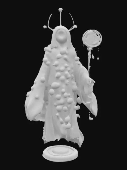 3D model for A floating robed figure whose entire body is covered in blinking sculpted eyeballs. His head is a massive, singular eye with a reflective center that catches the light. Accessories include a dream-catcher staff and detachable "visions"—translucent, trippy shapes that hover from his shoulders. The figure glows under blacklight and has a built-in spinner base for “vision mode.”