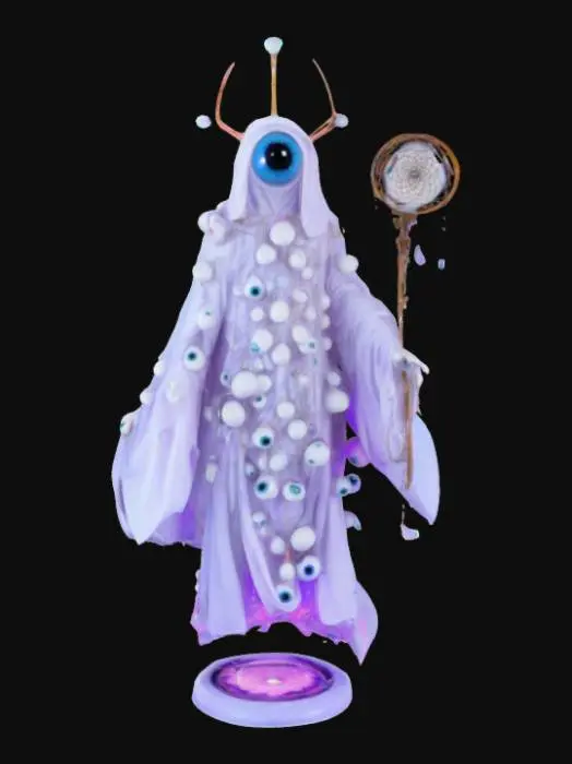 3D model for A floating robed figure whose entire body is covered in blinking sculpted eyeballs. His head is a massive, singular eye with a reflective center that catches the light. Accessories include a dream-catcher staff and detachable "visions"—translucent, trippy shapes that hover from his shoulders. The figure glows under blacklight and has a built-in spinner base for “vision mode.”