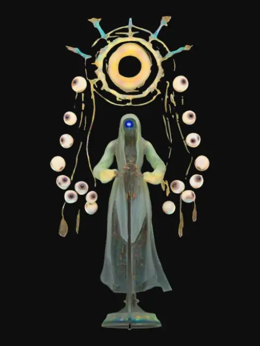 3D model for A floating robed figure whose entire body is covered in blinking sculpted eyeballs. His head is a massive, singular eye with a reflective center that catches the light. Accessories include a dream-catcher staff and detachable "visions"—translucent, trippy shapes that hover from his shoulders. The figure glows under blacklight and has a built-in spinner base for “vision mode.”