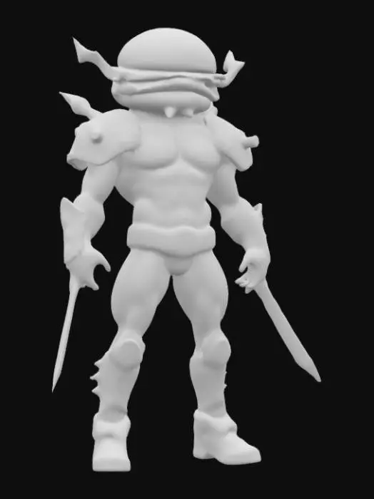 3D model for A warrior-style hamburger action figure from the “WHAM-burger Fighters” series, designed like an 80s toy. The figure has a muscular, armored humanoid body with a giant hamburger head — stacked with buns, lettuce, cheese, and a fierce expression featuring battle scars and a warrior’s glare. The body is stylized with flame decals, spiked shoulder pads, and metallic armor plates in bold reds, yellows, and greens. It wields oversized ketchup-squirting cannons or fry-shaped swords. The figure has articulated joints, a glossy plastic finish, and exaggerated heroic proportions like classic 80s action figures. The vibe is playful, fierce, and totally retro toy warrior.