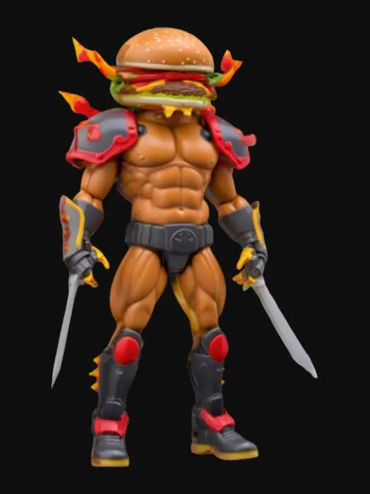 3D model for A warrior-style hamburger action figure from the “WHAM-burger Fighters” series, designed like an 80s toy. The figure has a muscular, armored humanoid body with a giant hamburger head — stacked with buns, lettuce, cheese, and a fierce expression featuring battle scars and a warrior’s glare. The body is stylized with flame decals, spiked shoulder pads, and metallic armor plates in bold reds, yellows, and greens. It wields oversized ketchup-squirting cannons or fry-shaped swords. The figure has articulated joints, a glossy plastic finish, and exaggerated heroic proportions like classic 80s action figures. The vibe is playful, fierce, and totally retro toy warrior.