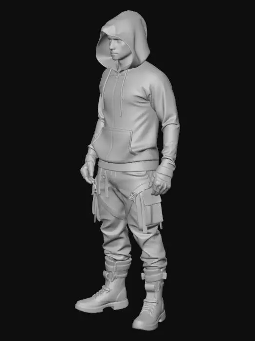 3D model for Watchdogs Ubisoft. Full body 3D character model, male cyberpunk hacker style. Wearing a dark technical hoodie with hood up, black cargo pants with straps, chunky boots, and textured fingerless tactical gloves. Standing still in strict symmetric T-pose, arms held angled away from the torso, palms facing forward, fingers distinct and separated. No objects in hands. Detailed fabric texture, photorealistic, 8k PBR render, neutral studio lighting.
