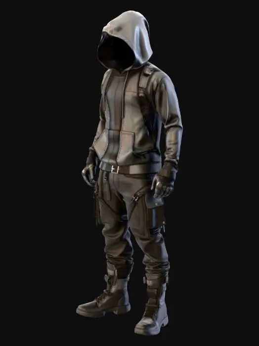 3D model for Watchdogs Ubisoft. Full body 3D character model, male cyberpunk hacker style. Wearing a dark technical hoodie with hood up, black cargo pants with straps, chunky boots, and textured fingerless tactical gloves. Standing still in strict symmetric T-pose, arms held angled away from the torso, palms facing forward, fingers distinct and separated. No objects in hands. Detailed fabric texture, photorealistic, 8k PBR render, neutral studio lighting.