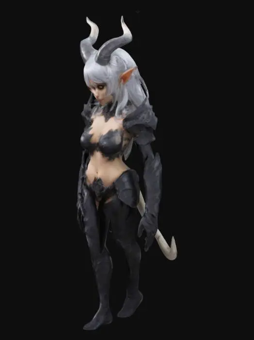 3D model for Beautiful Succubus with silver hair down to her shoulders, just a point on her forehead going from left to right covering her forehead and a small black tail. Wearing bone armor.