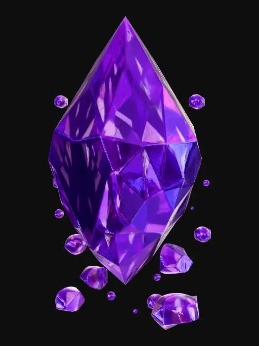 3D model for Glistening purple gem with small gems floating under and above. This gen should be floating off the ground and have a floating mist below it