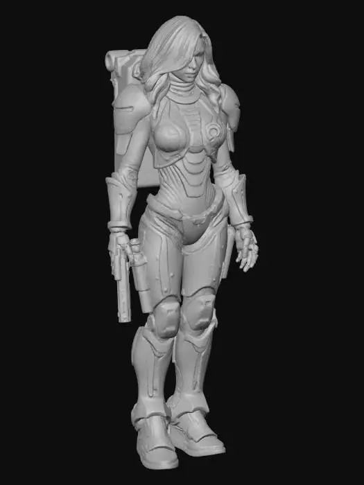 3D model for Human female. Cyborg Parts. Black and green body armor. Skin torn in places showing robotic skeleton. Large robotic boots. Forearm and hand armor. Torso armor. Leg armor stops mid thigh. Visor covers the face. Wavy shoulder length black hair. Forearms have weapons mounted to them. Handgun in a holster on the right hip. Place a jetpack on the back.