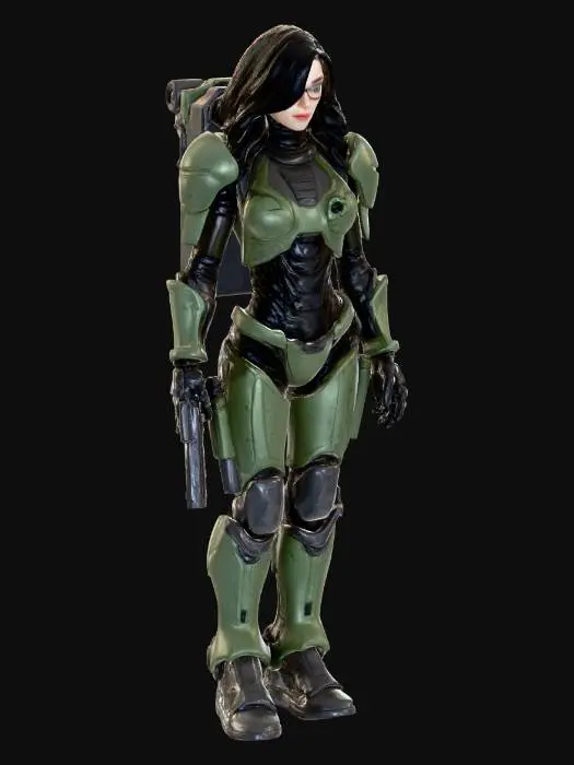 3D model for Human female. Cyborg Parts. Black and green body armor. Skin torn in places showing robotic skeleton. Large robotic boots. Forearm and hand armor. Torso armor. Leg armor stops mid thigh. Visor covers the face. Wavy shoulder length black hair. Forearms have weapons mounted to them. Handgun in a holster on the right hip. Place a jetpack on the back.