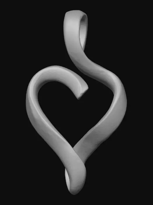 3D model for Photorealistic technical product shot of a minimalist pendant designed as an abstract symbol called ‘Breath of the Heart’. The form consists of two ultra-smooth, flowing metal lines that curve like a gentle wave and subtly converge into a tiny, negative-space heart shape at the center. Precision-crafted with soft organic geometry and a perfectly polished mirrored surface. The pendant is small, delicate, and balanced, with a seamless hidden bail integrated into the top curve. Shot in full frame on a neutral studio background with soft, even lighting that reveals the elegant contours and clean reflections. High-resolution macro jewelry photography emphasizing craftsmanship, symmetry, and minimalist emotional design.