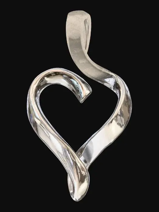 3D model for Photorealistic technical product shot of a minimalist pendant designed as an abstract symbol called ‘Breath of the Heart’. The form consists of two ultra-smooth, flowing metal lines that curve like a gentle wave and subtly converge into a tiny, negative-space heart shape at the center. Precision-crafted with soft organic geometry and a perfectly polished mirrored surface. The pendant is small, delicate, and balanced, with a seamless hidden bail integrated into the top curve. Shot in full frame on a neutral studio background with soft, even lighting that reveals the elegant contours and clean reflections. High-resolution macro jewelry photography emphasizing craftsmanship, symmetry, and minimalist emotional design.