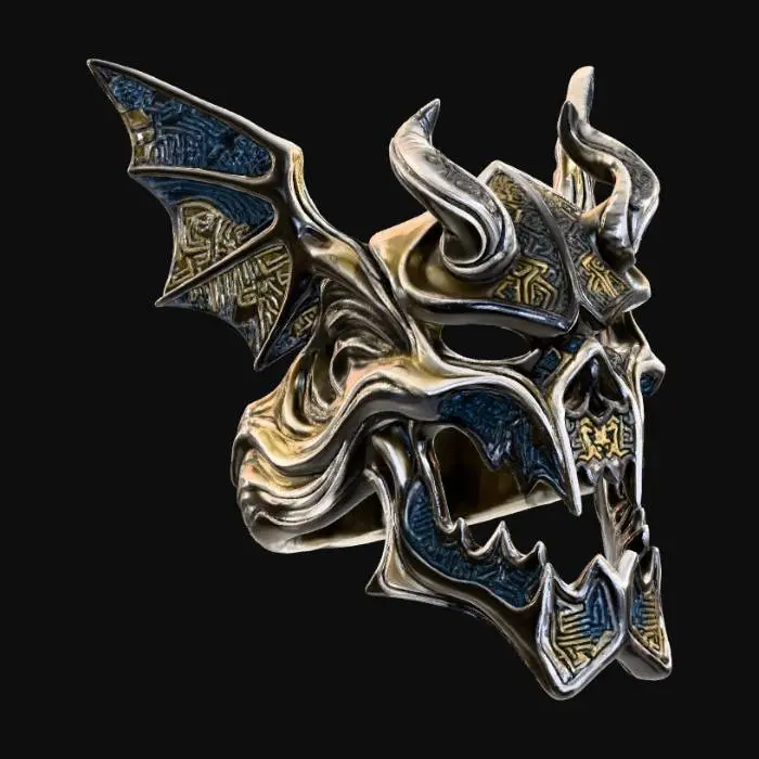 3D model for Dark luxury jewelry inspired by an unknown, non-human creature imagined by AI. The form is abstract, almost unrecognizable: a silhouette that hints at an animal but constantly destabilizes — fragments of wings, echoes of a jawline, spectral horns, all melting into impossible geometry. Crafted from obsidian-gold alloy, liquid black metal fused with pale platinum light. Surfaces covered in deep fractal engravings that resemble encrypted neural patterns. The creature’s ‘body’ folds into ornamental loops, spikes, and flowing filigree structures, elegant yet unsettling. Subtle dark glow, muted gold highlights, razor-sharp edges with soft shadow falloff. Ultra-premium editorial lighting. Hyperreal, ominous, 16K detail, silent opulence, haunting modern luxury