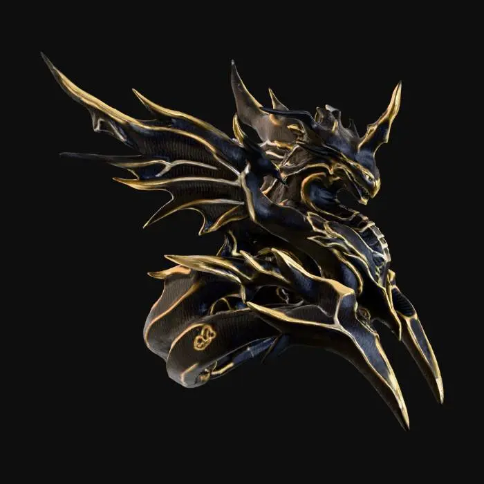 3D model for Dark luxury jewelry inspired by an unknown, non-human creature imagined by AI. The form is abstract, almost unrecognizable: a silhouette that hints at an animal but constantly destabilizes — fragments of wings, echoes of a jawline, spectral horns, all melting into impossible geometry. Crafted from obsidian-gold alloy, liquid black metal fused with pale platinum light. Surfaces covered in deep fractal engravings that resemble encrypted neural patterns. The creature’s ‘body’ folds into ornamental loops, spikes, and flowing filigree structures, elegant yet unsettling. Subtle dark glow, muted gold highlights, razor-sharp edges with soft shadow falloff. Ultra-premium editorial lighting. Hyperreal, ominous, 16K detail, silent opulence, haunting modern luxury