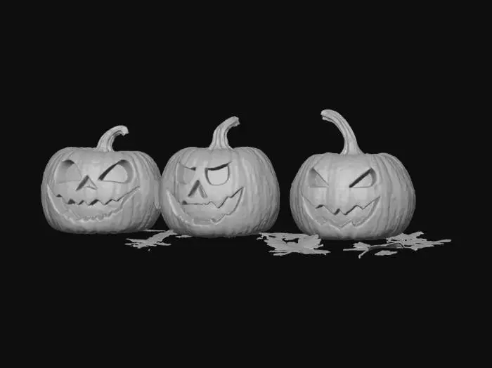 3D model for #Halloween2025#, A close-up 3D render of three unique Jack-o'-lanterns sitting on a pile of autumn leaves on an old wooden porch.
One lantern is laughing, one is grumpy, and one is just carved with a simple, sinister face.
The pumpkins have a textured, slightly rotting surface quality.
Warm, flickering internal light source creates deep orange and yellow glow, casting long, dramatic shadows.
Background is blurred, suggesting a quiet, foggy night.
Atmospheric, volumetric lighting, rich autumn colors, highly detailed, photorealistic.