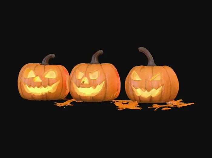 3D model for #Halloween2025#, A close-up 3D render of three unique Jack-o'-lanterns sitting on a pile of autumn leaves on an old wooden porch.
One lantern is laughing, one is grumpy, and one is just carved with a simple, sinister face.
The pumpkins have a textured, slightly rotting surface quality.
Warm, flickering internal light source creates deep orange and yellow glow, casting long, dramatic shadows.
Background is blurred, suggesting a quiet, foggy night.
Atmospheric, volumetric lighting, rich autumn colors, highly detailed, photorealistic.