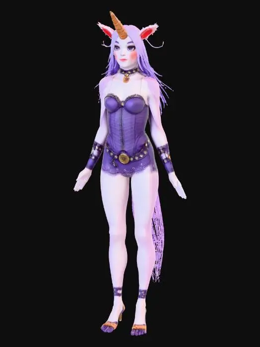 3D model for #Halloween2025#, Femme  adulte (27ans) sensuelle hybride licorne, style Halloween haut de gamme. Pose contrapposto stable, pieds écartés sur un socle rond pavé avec citrouilles et ronces. Corne spirale polie, oreilles équines fines, queue longue ondulante, sabots délicats. Peau nacrée irisée, cheveux dégradés violet-argent. Tenue sorcière chic : mini-corset texturé cuir, jupe asymétrique déchirée, cape légère, col ras-du-cou avec gemme, gants longs, ceinture motif chauves-souris. de la meilleure qualité possible.
