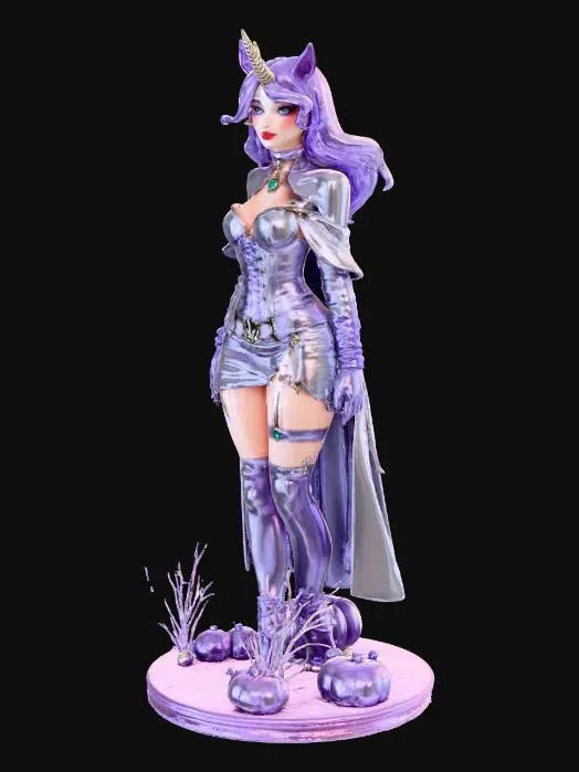 3D model for #Halloween2025#, Femme  adulte (27ans) sensuelle hybride licorne, style Halloween haut de gamme. Pose contrapposto stable, pieds écartés sur un socle rond pavé avec citrouilles et ronces. Corne spirale polie, oreilles équines fines, queue longue ondulante, sabots délicats. Peau nacrée irisée, cheveux dégradés violet-argent. Tenue sorcière chic : mini-corset texturé cuir, jupe asymétrique déchirée, cape légère, col ras-du-cou avec gemme, gants longs, ceinture motif chauves-souris. de la meilleure qualité possible.