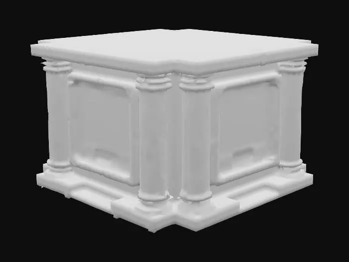 3D model for tiled pillar pattern, The object features a square, metallic frame with angular geometric elements, a central screen displaying blue text, surrounded by smaller sections, all rendered in a pixelated texture.