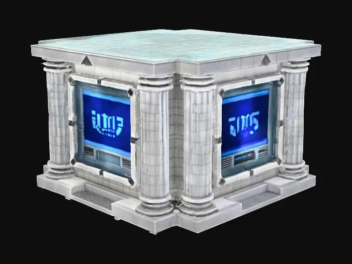 3D model for tiled pillar pattern, The object features a square, metallic frame with angular geometric elements, a central screen displaying blue text, surrounded by smaller sections, all rendered in a pixelated texture.