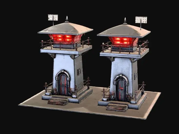 3D model for Two formidable guard towers, viewed from a sidescroller perspective, stand tall with main structures of polished chrome steel. They are reinforced by gleaming copper accents and feature small, intensely red glowing cyber light lamps on each side. Numerous sharp, entangled barbed wires are omnipresent, adding a menacing texture and realistic, fortified appearance.