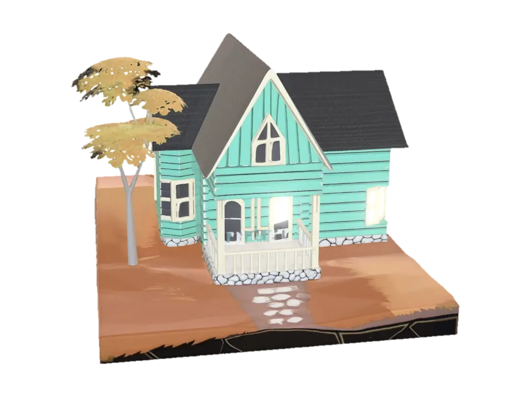Turquoise Cottage by the Orange Path 3D model, vytvořený pomocí AI