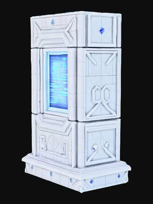 3D model for tiled pillar pattern, The object features a square, metallic frame with angular geometric elements, a central screen displaying blue text, surrounded by smaller sections, all rendered in a pixelated texture.