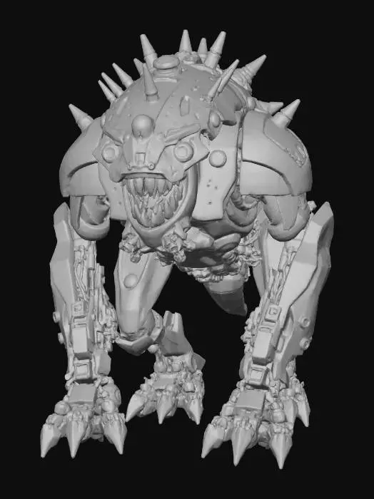 3D model for A formidable, bipedal mechanical creature, standing robustly. Its metallic body, primarily dark grey and off-white, is heavily armored and adorned with numerous spiky protrusions. Bright, luminous cyan spheres and glowing accents are embedded throughout its structure, especially on shoulders, forearms, chest, and legs, suggesting energy conduits. The creature's head features a wide, grinning mouth with sharp teeth and piercing, intense cyan eyes, giving it an aggressive, almost maniacal expression. Its limbs are thick and segmented, hinting at powerful movement.