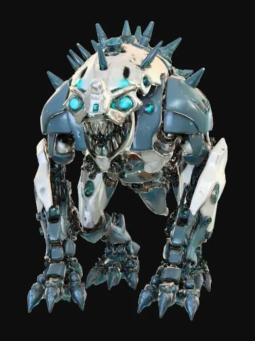 3D model for A formidable, bipedal mechanical creature, standing robustly. Its metallic body, primarily dark grey and off-white, is heavily armored and adorned with numerous spiky protrusions. Bright, luminous cyan spheres and glowing accents are embedded throughout its structure, especially on shoulders, forearms, chest, and legs, suggesting energy conduits. The creature's head features a wide, grinning mouth with sharp teeth and piercing, intense cyan eyes, giving it an aggressive, almost maniacal expression. Its limbs are thick and segmented, hinting at powerful movement.