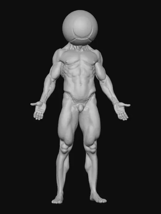 3D model for A hyper-realistic 3D render of a muscular, nude male figure with a giant, anatomically correct human eyeball for a head. The body showcases highly defined muscles, prominent veins, and warm skin tones, softly lit to accentuate contours. The spherical head features a detailed white sclera with subtle blood vessels, a vivid blue iris, and a dark pupil, appearing slightly wet. The figure firmly grips a matte black assault rifle., #Halloween2025#