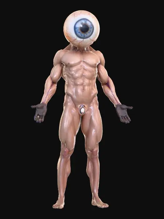 3D model for A hyper-realistic 3D render of a muscular, nude male figure with a giant, anatomically correct human eyeball for a head. The body showcases highly defined muscles, prominent veins, and warm skin tones, softly lit to accentuate contours. The spherical head features a detailed white sclera with subtle blood vessels, a vivid blue iris, and a dark pupil, appearing slightly wet. The figure firmly grips a matte black assault rifle., #Halloween2025#