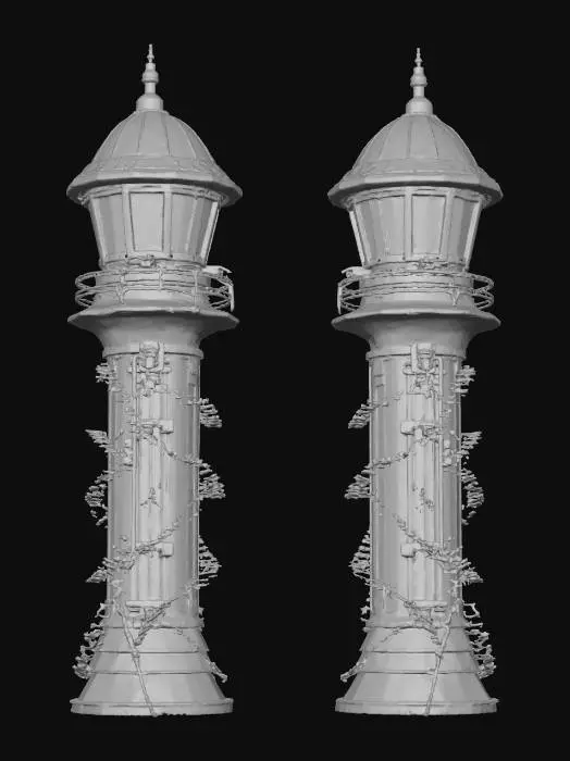 3D model for Two formidable guard towers, viewed from a sidescroller perspective, stand tall with main structures of polished chrome steel. They are reinforced by gleaming copper accents and feature small, intensely red glowing cyber light lamps on each side. Numerous sharp, entangled barbed wires are omnipresent, adding a menacing texture and realistic, fortified appearance.