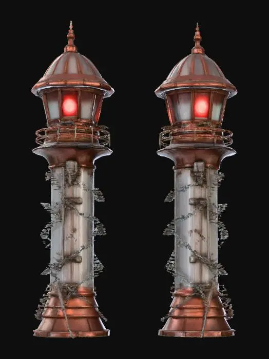 3D model for Two formidable guard towers, viewed from a sidescroller perspective, stand tall with main structures of polished chrome steel. They are reinforced by gleaming copper accents and feature small, intensely red glowing cyber light lamps on each side. Numerous sharp, entangled barbed wires are omnipresent, adding a menacing texture and realistic, fortified appearance.