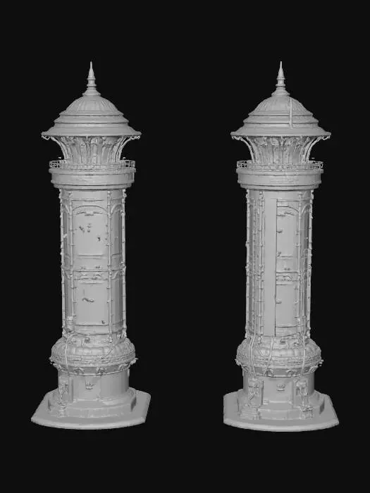 3D model for Two formidable guard towers, viewed from a sidescroller perspective, stand tall with main structures of polished chrome steel. They are reinforced by gleaming copper accents and feature small, intensely red glowing cyber light lamps on each side. Numerous sharp, entangled barbed wires are omnipresent, adding a menacing texture and realistic, fortified appearance.