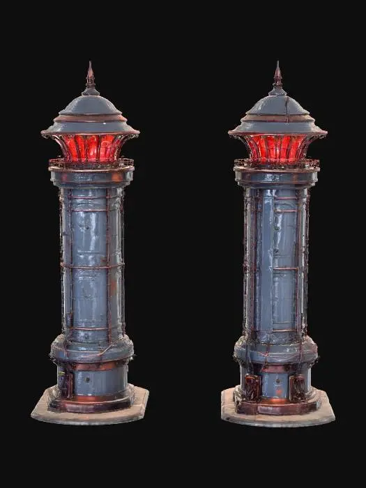 3D model for Two formidable guard towers, viewed from a sidescroller perspective, stand tall with main structures of polished chrome steel. They are reinforced by gleaming copper accents and feature small, intensely red glowing cyber light lamps on each side. Numerous sharp, entangled barbed wires are omnipresent, adding a menacing texture and realistic, fortified appearance.