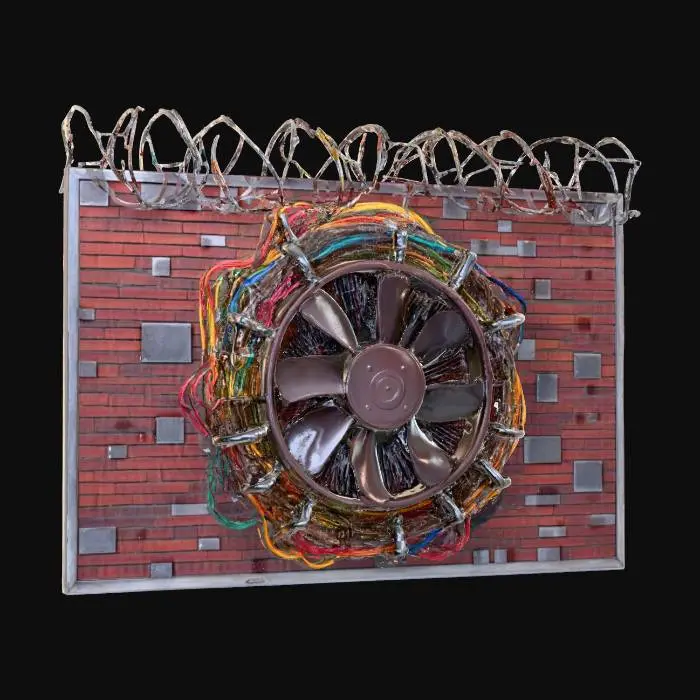 3D model for round obsidian fan next to many pipes and many cables, barbed wires over a dark orange brick Steel scifi wall with various varying sized patterns texture, top-down view
