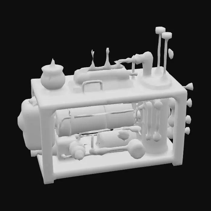 3D model for A steampunk-style mechanical device made of metal and wood. The main body is a wooden and metal-framed box housing two green energy canisters with rune-like metal engravings. The front features brass knobs and gauges for monitoring energy or pressure. Metal pipes extend from the sides, connecting to a cylindrical unit with diamond-shaped decorations. Antennas and mechanical rods are mounted on the top and back, blending magic with technology for a mysterious and advanced loo