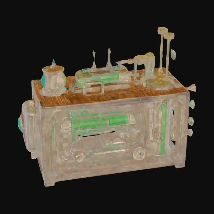 3D model for A steampunk-style mechanical device made of metal and wood. The main body is a wooden and metal-framed box housing two green energy canisters with rune-like metal engravings. The front features brass knobs and gauges for monitoring energy or pressure. Metal pipes extend from the sides, connecting to a cylindrical unit with diamond-shaped decorations. Antennas and mechanical rods are mounted on the top and back, blending magic with technology for a mysterious and advanced loo