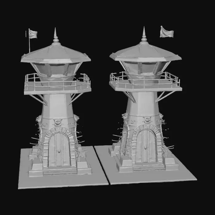 3D model for Two formidable guard towers, viewed from a sidescroller perspective, stand tall with main structures of polished chrome steel. They are reinforced by gleaming copper accents and feature small, intensely red glowing cyber light lamps on each side. Numerous sharp, entangled barbed wires are omnipresent, adding a menacing texture and realistic, fortified appearance.