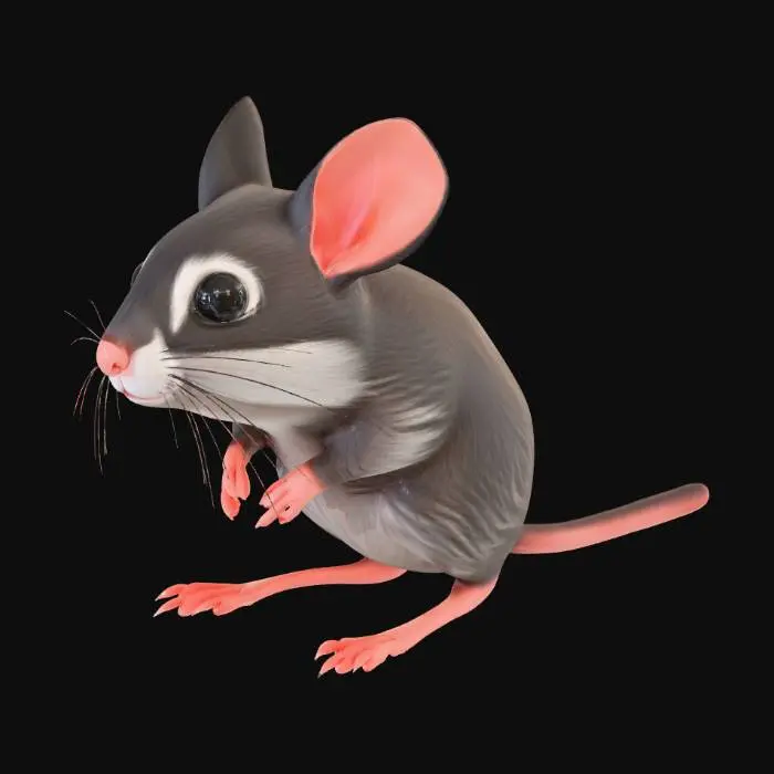 3D model for A hyper-realistic 3D model of a field mouse (Apodemus sylvaticus). Realistic fur grooming, detailed whiskers, tiny claws, and wet-look black eyes. Symmetrical A-pose, neutral expression. High-resolution textures, photorealistic, 8k detail. Character is standing in a neutral position for rigging.