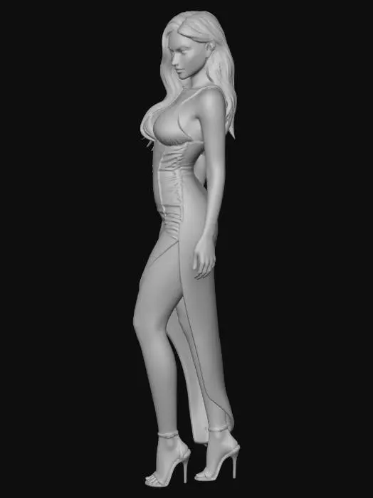 3D model for realistic modern female character, full body, brunette, dusky skin color, a smoky periwinkle double slit dress, natural scar on the thigh neutral pose, natural proportions, game-ready, clean topology, PBR straight facing T -pose