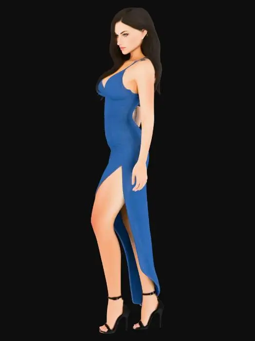 3D model for realistic modern female character, full body, brunette, dusky skin color, a smoky periwinkle double slit dress, natural scar on the thigh neutral pose, natural proportions, game-ready, clean topology, PBR straight facing T -pose