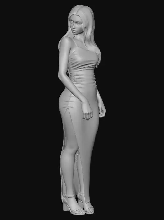 3D model for realistic modern female character, full body, brunette, dusky skin color, a dusty plum slit dress, natural scar on the thigh neutral pose, natural proportions, game-ready, clean topology, PBR