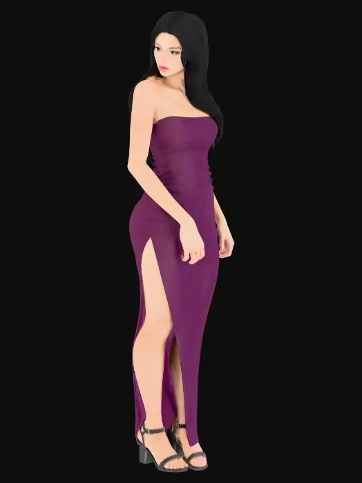 3D model for realistic modern female character, full body, brunette, dusky skin color, a dusty plum slit dress, natural scar on the thigh neutral pose, natural proportions, game-ready, clean topology, PBR