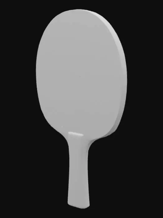 3D model for 一个木质乒乓球拍的拍面，呈经典的圆形，表面由多层浅色木材压制而成，展现出细腻自然的木纹。拍面上印有醒目的蓝色“FZD”标志及黑色文字标识。拍柄为喇叭形，握持处由深色木材构成，表面带有清晰的垂直蓝、灰、黑条纹装饰，整体呈现出光滑而坚实的质感。柄底部镶嵌着一个金色的六边形徽章，刻有“FZD”和蝴蝶标志。