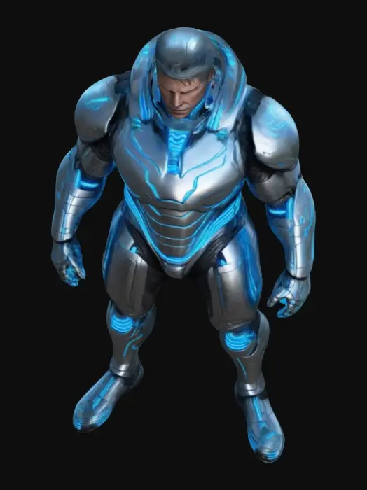3D model for legacy realistic armor, full body, Black base color, male, thin light blue neon lines, Identity disk