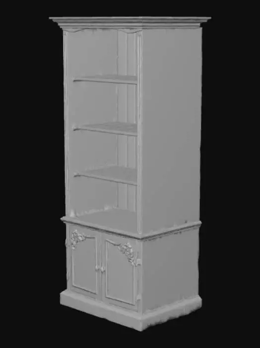3D model for Scandinavian-style wooden bookcase furniture with ornamental decor.